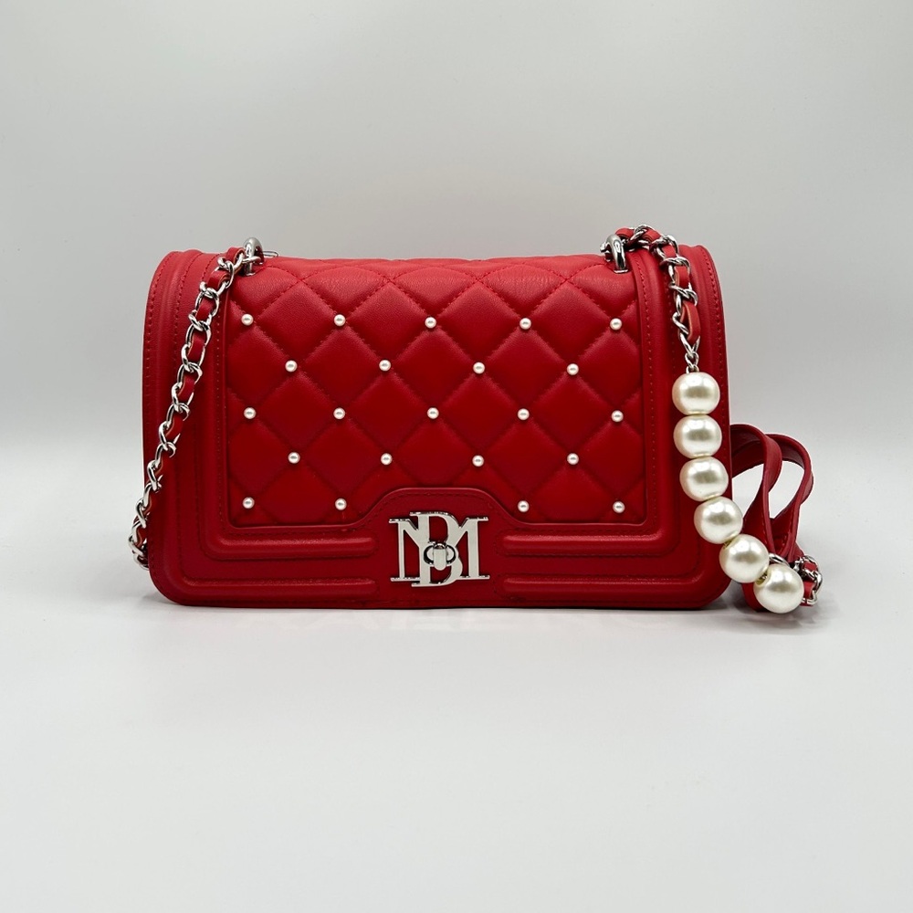 NWT Badgley Mischka Red Crossbody Bag, Pearl Look Studs, Silver Hardware POCKETS